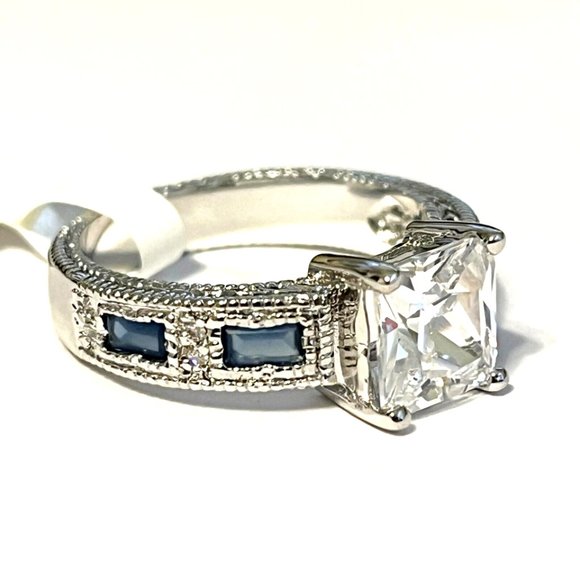 Sapphire Engagement Ring Size 8 9 10 Blue Cubic Zirconia Simulated RhodiumPlated - Picture 4 of 9